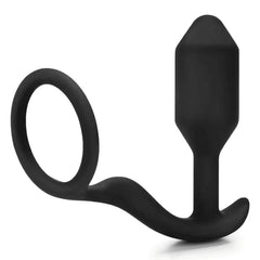 Black silicone anal plug with attached cock ring, shown from front angle