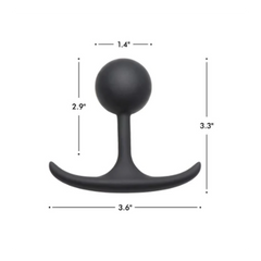 Black silicone anal plug with dimensions: 1.4in ball, 2.9in height, 3.6in base