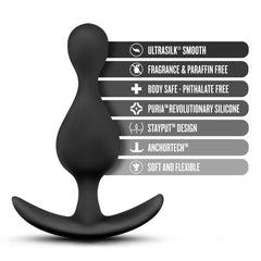 Black silicone anal plug with feature callouts highlighting body-safe phthalate-free material