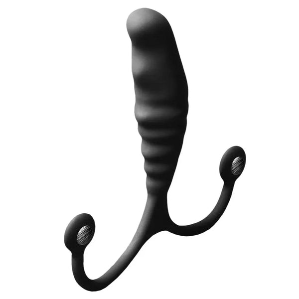 Black silicone Aneros PSY prostate massager angled side view highlighting curved design