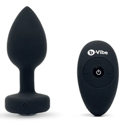 Black silicone b-Vibe jewel plug shown with wireless remote control, front view
