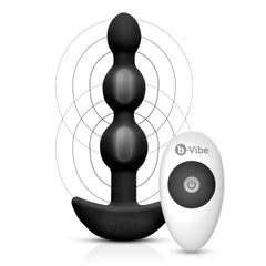 Black silicone b-Vibe Triplet Anal Beads with wireless remote showing vibration waves