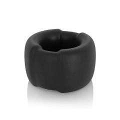 Black silicone ball stretcher angled top view showing wide band and smooth interior channel