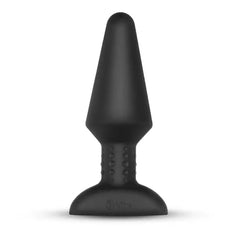 Black silicone butt plug with textured neck ridge and wide suction-cup base, front view