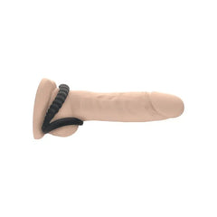 Black silicone dual ring worn on realistic model showing side profile placement