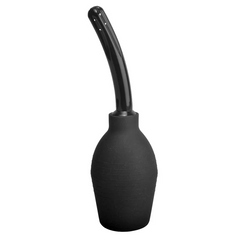 Black silicone enema bulb fully assembled with flexible curved nozzle attached and upright