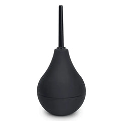 Black silicone enema bulb with slim nozzle tip, pear-shaped body, upright view