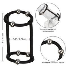 Black silicone enhancer cage with steel beads, dimensions 3 in x 1.5 in shown with detail insets