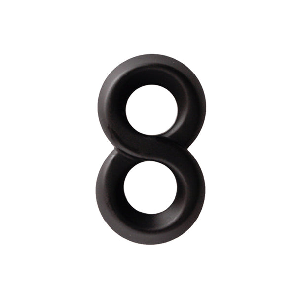 Black silicone figure-8 shaped cockring displayed out of packaging, front view