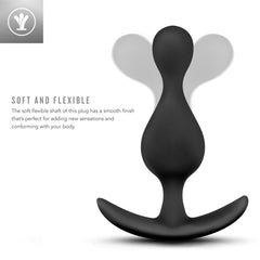 Close-up of black silicone plug flexing to show soft, smooth, body-conforming shaft