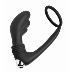 Black silicone prostate massager and cock ring combo showing curved shaft and ribbed grip