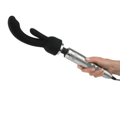 Black silicone Rabbit G-Spot Attachment fitted onto a Doxy Die Cast wand, held in hand