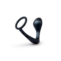 Black silicone Ringer prostate plug with attached cock ring, side profile view