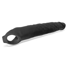 Black silicone Snake cock sheath at slight angle showing ring base and texture