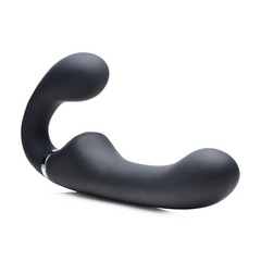 Black silicone strapless strap-on angled to show bulb end and curved shaft with chrome accent ring