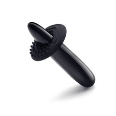 Black silicone textured massage ring accessory displayed with slim obsidian wand insert