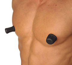 Black silicone Viper Nipple Suckers shown applied to male chest, demonstrating suction fit