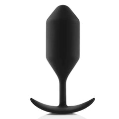 Black silicone weighted anal plug with curved anchor base, front-facing product view