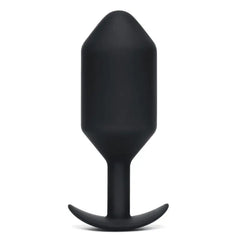 Black silicone weighted anal plug showing tapered body and curved anchor base, rear view