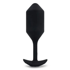 Black silicone weighted anal plug with tapered tip and curved anchor base, front view