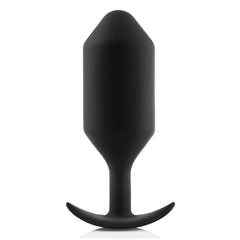 Black silicone weighted anal plug with tapered tip and curved anchor base