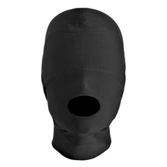 Close-up of black spandex open mouth hood showing smooth fabric texture and single oval mouth opening