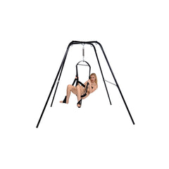 Black steel swing stand with fabric sling seat shown in use, demonstrating full assembled scale