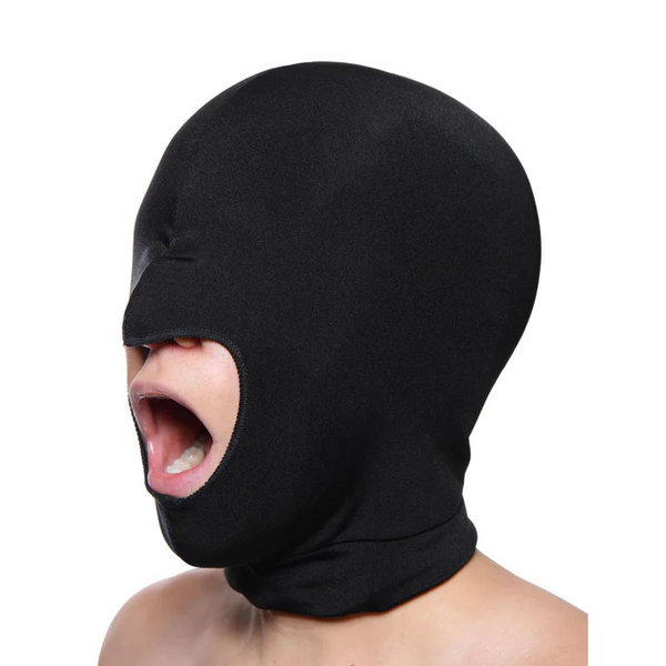 Black stretch spandex Blow Hole Hood shown from side angle with mouth opening visible