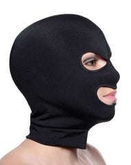 Black stretch spandex Facade Hood side profile view showing fitted eye and mouth openings