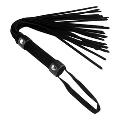 Close-up of black suede flogger handle showing silver rivets and secure wrist strap loop