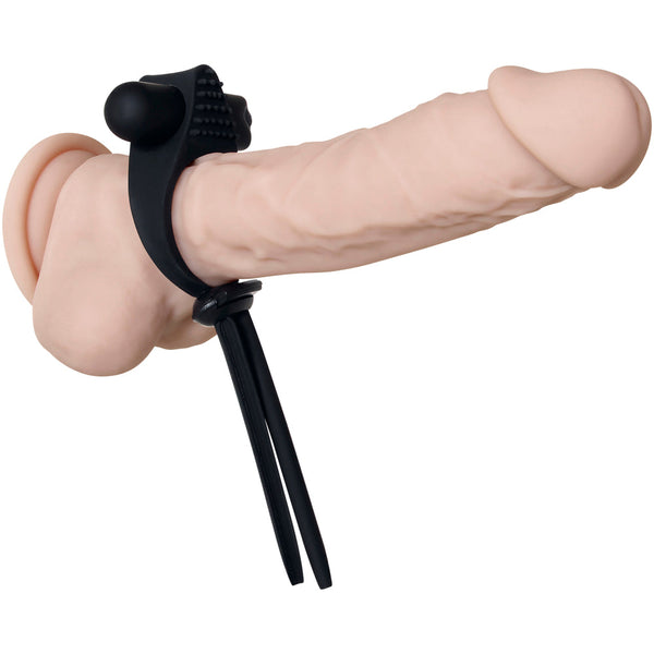 Black Tie Affair stretchy silicone cock and ball tie with textured bullet vibrator, in use
