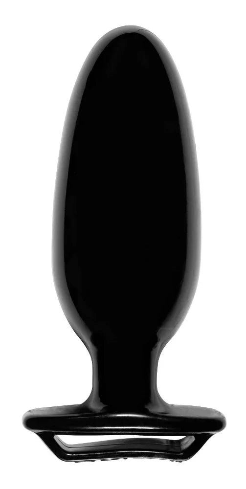 Black TPR and silicone anal plug upright view, showing flat finger-grip base for secure handling
