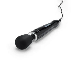 Close-up of black wand massager showing rounded silicone head, chrome collar, and power cord