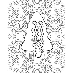 Black and white coloring page featuring a surreal triangular mushroom character with flowing wave patterns