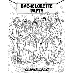 Black and white cover line art of Bachelorette Party Coloring Book with group of partygoers and confetti