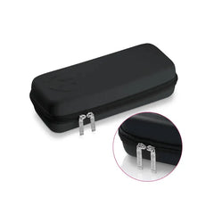 Black zip-up hard-shell travel case with Mystim branded zipper pulls for storage
