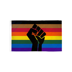 BLM Philly Fist Flag 3x5 polyester, rainbow stripes with raised black fist symbol