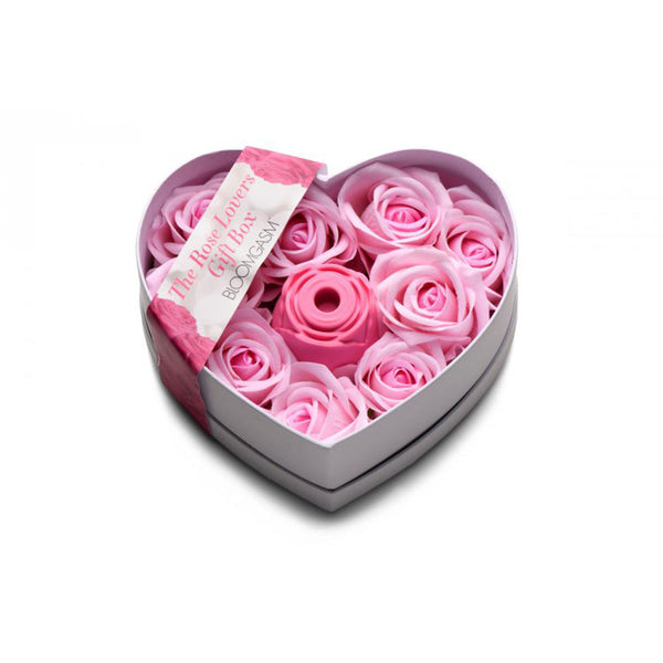 Bloomgasm Rose Lover's Gift Box with pink silicone rose vibrator nestled in heart-shaped box