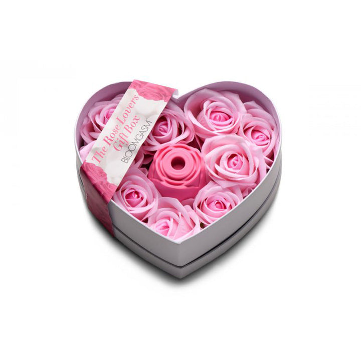 Bloomgasm Rose Lover's Gift Box with pink silicone rose vibrator nestled in heart-shaped box