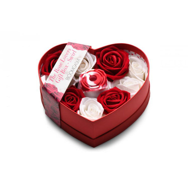 Bloomgasm Rose Lovers Gift Box Swirl in open red heart-shaped box with red and white roses