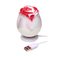 Bloomgasm rose suction stimulator beside white USB magnetic charging cable on white background
