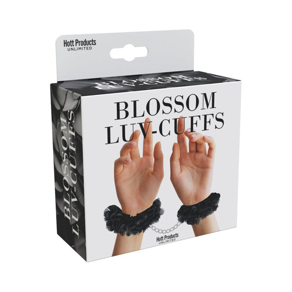 Blossom Luv-Cuffs packaging by Hott Products Unlimited showing black floral wrist cuffs on box