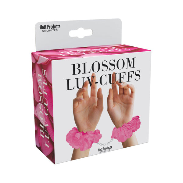 Blossom Luv-Cuffs packaging showing pink flower cuffs worn on wrists, by Hott Products