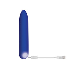 Blue bullet vibrator shown with included USB charging cable for cordless use