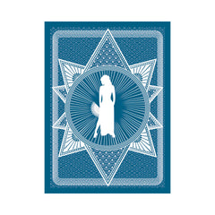 Blue decorative card back design featuring a white silhouette figure within an ornate star pattern