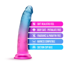 Blue and pink ombre dildo with feature icons: body-safe, harness-compatible, suction cup base