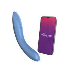 Blue Rave 2 G-spot vibrator shown beside a smartphone running the We-Vibe app