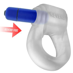 Blue Reverb bullet vibe being inserted into the Hunkyjunk REVRING clear silicone cock ring