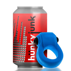Blue REVRING cock ring shown beside a standard beverage can for size reference