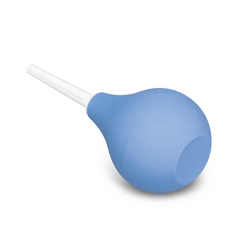 Blue silicone enema douche shown at an angle highlighting the soft squeeze bulb shape